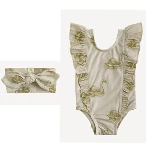 Kate Quinn KQ swim suit side ruffle fennel swans, 6-12mo w top knot headband KQ
